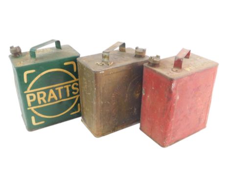 Three Petroleum Spirit cans, comprising Pratts, SM & BP Ltd (in red), and Shell Aviation Spirit.
