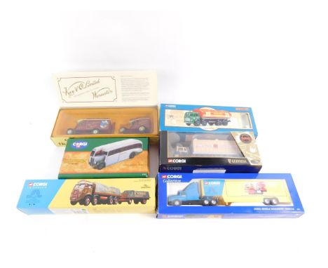 Corgi die cast lorries, comprising FB Atkins truck and trailer, 27601, Guinness Bedford TK platform trailer and container, 22