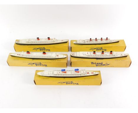 Five Tri-ang Minic Ships, Waterline Models, scale 1:1200, comprising RMS Aquatania, RMS Queen Elizabeth, RMS Queen Mary, SS F