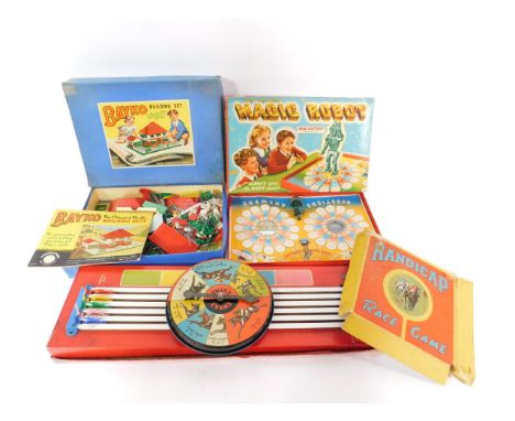 A Reliable Series Handicap Race Game, BAYKO building set, and Magic Robot, New Edition, all boxed. (3)