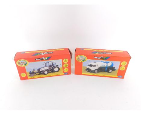A Britains die cast model of a Valtra Valmet 8750 Tractor and Snow Plough, 09638, together with a Milk Marque Tanker, 9599, b