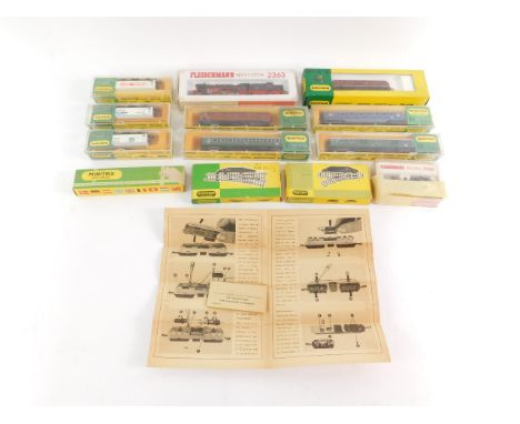 A Fleischmann N gauge Piccolo locomotive and tender, 2363, 2-10-0; a diesel locomotive, 2959; tank locomotive, 7030; three co