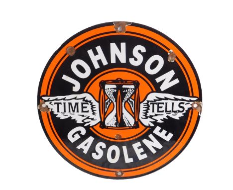 A Johnson Gasoline circular black and orange enamel sign, Time Tells, 30cm dia.