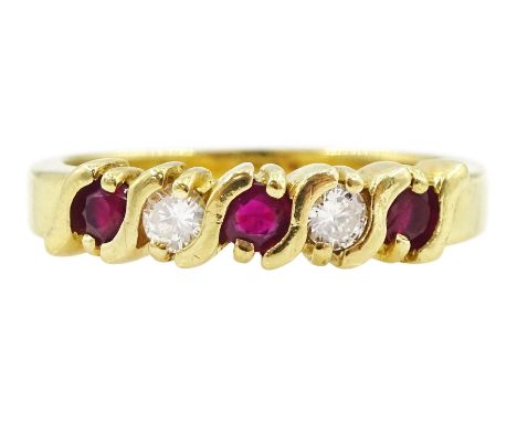 18ct gold five stone round cut ruby and round brilliant cut diamond ring, hallmarked Birmingham, total diamond weight 0.15 ca