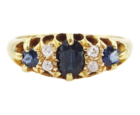 Early 20th century 18ct gold three stone sapphire and four stone old cut diamond ringCondition Report:Approx 4.55gm, size M-N