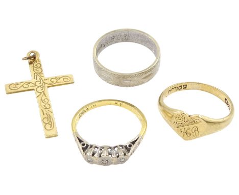 9ct gold jewellery including white gold wedding band, signet ring and cross pendant, all hallmarked and a gold three stone di