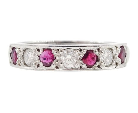 18ct white gold seven stone round brilliant cut diamond and ruby half eternity ring, Sheffield 1994, total diamond weight app