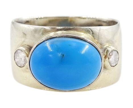 15ct gold three stone oval turquoise and round brilliant cut diamond ring, total diamond weight approx 0.20 caratCondition Re
