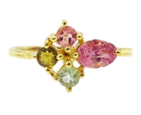 Silver-gilt pink and green tourmaline ring, stamped 925Condition Report:Size Q, good condition