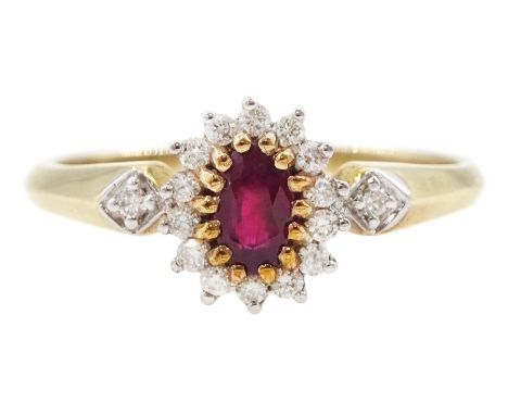 9ct gold oval cut ruby and round brilliant cut diamond cluster ring, hallmarkedCondition Report:Approx 1.9gm, size M-N, max d