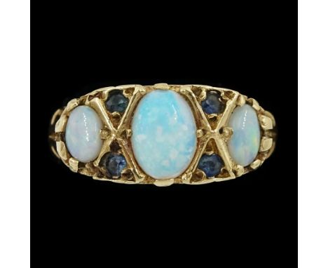 9ct gold three stone oval opal and round sapphire ringCondition Report:Approx 3.6gm, size O, tested 9ct