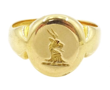 Victorian 18ct gold signet ring, with goat crest intaglio, inscribed 'From Robert Aug 31 1880'Condition Report: Approx 3.35gm