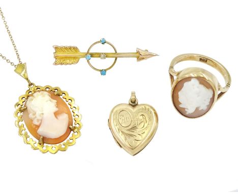 Early 20th century gold cameo ring, later gold cameo pendant necklace and a gold turquoise and seed pearl arrow brooch, all 9