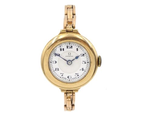 Omega early 20th century 9ct gold manual wind wristwatch, No. 6877301, white enamel dial with Arabic numerals, Birmingham 192