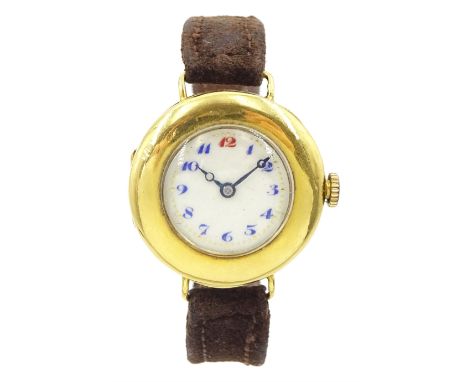 Early 20th century 18ct gold manual wind presentation wristwatch, cream dial with Arabic numerals, case by Stauffer, Son & Co