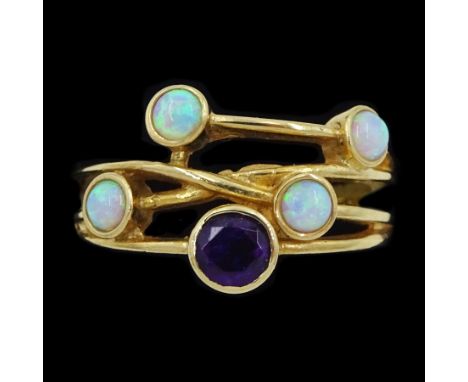 9ct gold amethyst and opal ring, hallmarkedCondition Report:Approx 3.45gm, size O-P, max depth = 12.5mm, good condition
