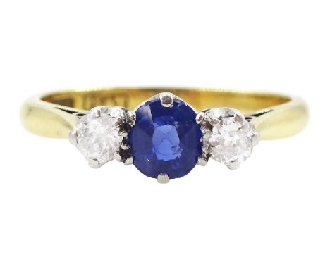 Early 20th century gold three stone sapphire and old cut diamond ring, stamped 18ct Plat, sapphire approx 0.30 caratCondition