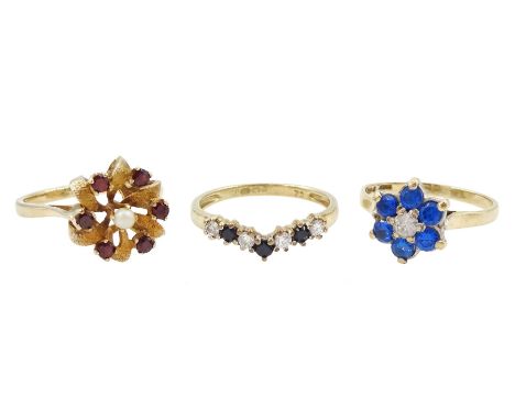 Gold garnet and pearl cluster ring, blue and white stone set cluster ring and a cubic zirconia wishbone ring, all hallmarked 