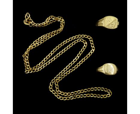Two 9ct gold signet rings and a 9ct gold flattened curb link chain necklaceCondition Report:Approx 6.1gm, ring sizes I and M,
