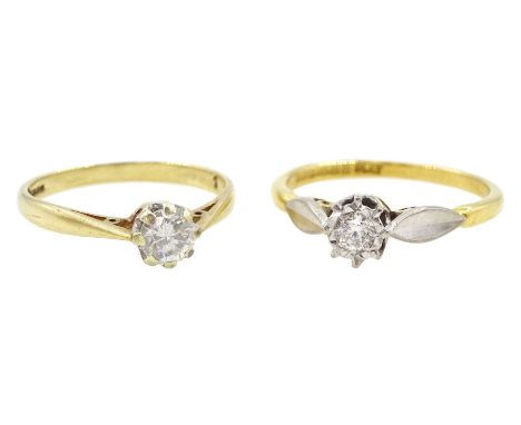 18ct gold single stone round brilliant cut diamond ring, Birmingham 1964, diamond approx 0.15 carat and a 9ct gold single sto