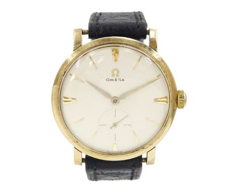 Omega gentleman's 9ct gold manual wind presentation wristwatch, dial with baton hour markers and subsidiary seconds dial,  on