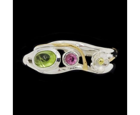 Silver and 14ct gold wire peridot and tourmaline ring, stamped 925Condition Report:Size Q-R, max depth = 8mm, good condition