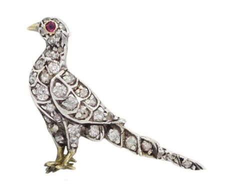 Victorian silver and gold diamond pheasant brooch, old and rose cut diamond body and a ruby set eyeCondition Report:Approx 2.