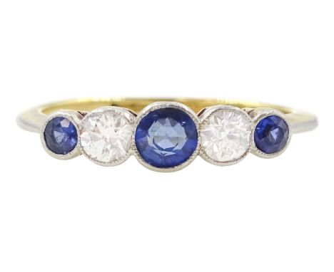 Early 20th century 18ct gold milgrain set five stone round cut sapphire and old cut diamond ring, stamped 18ct, total diamond