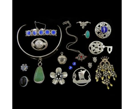 Silver and stone set silver jewellery including Norwegian Solje brooch by Ivar Holth, blue enamel circular bracelet, moonston