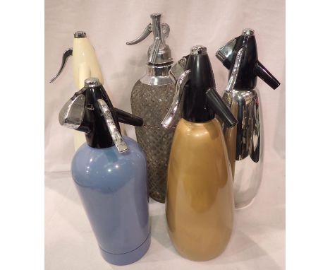 Five vintage soda syphons. Not available for in-house P&amp;P, contact Paul O'Hea at Mailboxes on 01925 659133 