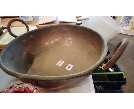 Mid Victorian twin handled copper bowl with retail price label of £160.00, D: 42 cm. Not available for in-house P&amp;P, cont