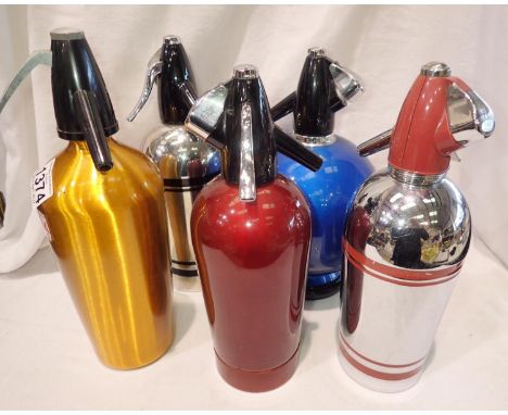 Five vintage soda syphons. Not available for in-house P&amp;P, contact Paul O'Hea at Mailboxes on 01925 659133 