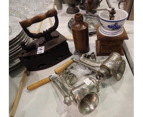 Cast metal iron, coffee grinder two hand mincers and dockworkers flask. Not available for in-house P&amp;P, contact Paul O'He