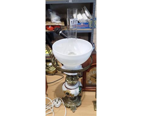 Brass and enamel oil lamp converted to electric, H: 60 cm. Not available for in-house P&P, contact Paul O'Hea at Mailboxes on