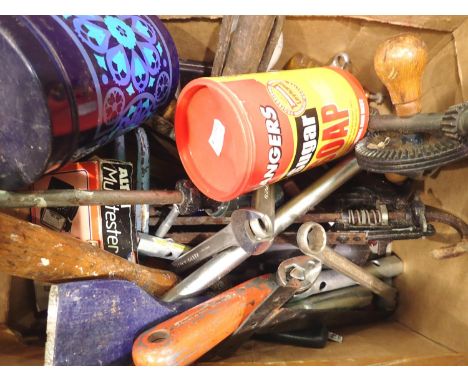 Box of mixed hand tools including a drill. Not available for in-house P&amp;P, contact Paul O'Hea at Mailboxes on 01925 65913