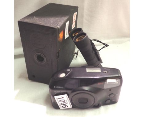 Vintage box camera, Canon Sureshot and a pair of mini binoculars. P&amp;P Group 2 (£18+VAT for the first lot and £3+VAT for s
