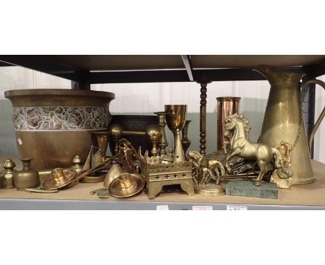 Shelf of brass ware to include candle holders, planters, trivets etc. Not available for in-house P&amp;P, contact Paul O'Hea 