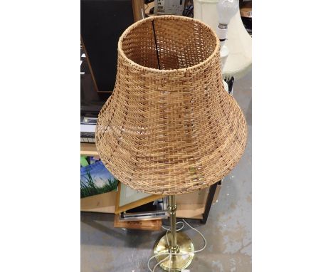 Brass table lamp with wicker shade. Not available for in-house P&P, contact Paul O'Hea at Mailboxes on 01925 659133All electr