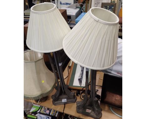 Pair of wooden base lamps, H: 85 cm. Not available for in-house P&P, contact Paul O'Hea at Mailboxes on 01925 659133All elect