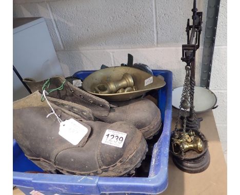 Vintage woodworking tools, pair of clogs and vintage scales with brass pan and weights. Not available for in-house P&amp;P, c