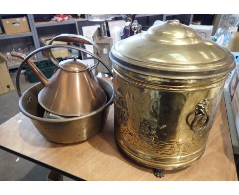 Mixed metalware including a brass coal bin, copper kettle etc. Not available for in-house P&amp;P, contact Paul O'Hea at Mail