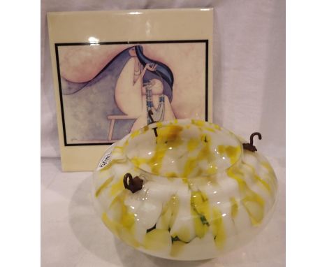 Yellow glass circular shade with chain support and an Egyptian style wall hanging tile signed Mullan, 30 x 30 cm. Not availab