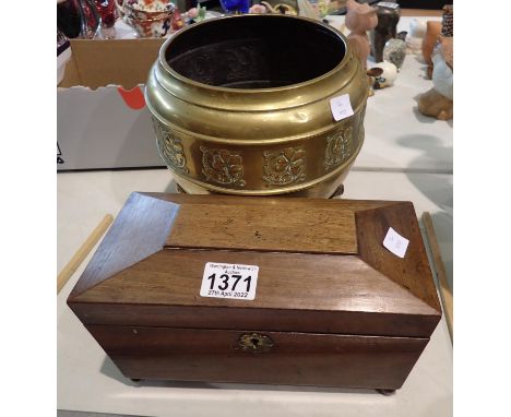 Mahogany three compartment tea caddy and a brass planter. Not available for in-house P&amp;P, contact Paul O'Hea at Mailboxes