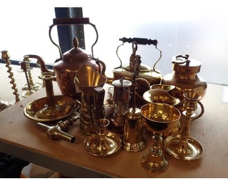 Shelf of mixed brass and copper. Not available for in-house P&amp;P, contact Paul O'Hea at Mailboxes on 01925 659133 