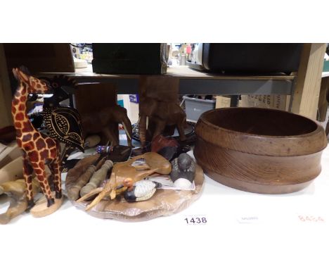 Shelf of mixed wooden items to include carved animals. Not available for in-house P&amp;P, contact Paul O'Hea at Mailboxes on