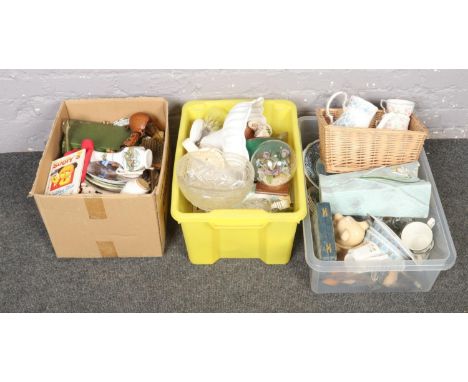 Three boxes of miscellaneous to include sutty hand puppet, glasswares, ceramics, cabinet plates etc.  