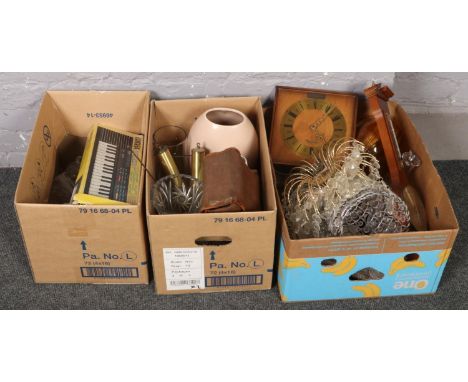 Three boxes of miscellaneous to include box camera, vases, barometer, glass droplet shades, etc.  