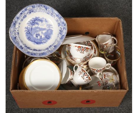 A box of pottery, china and glass. Including a Colclough china teaset, glasses decorated with vintage motorcars and a set of 