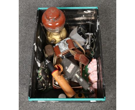 A box of miscellaneous, to include Prinz cine camera, Agfa camera, Tilley lamp etc.  