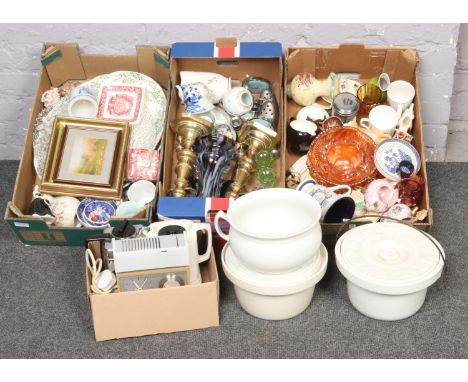 Three boxes of miscellaneous mainly ceramic, Mason's butter dish, Royal Doulton 'real old willow' plate, Crown Ducal ware vas
